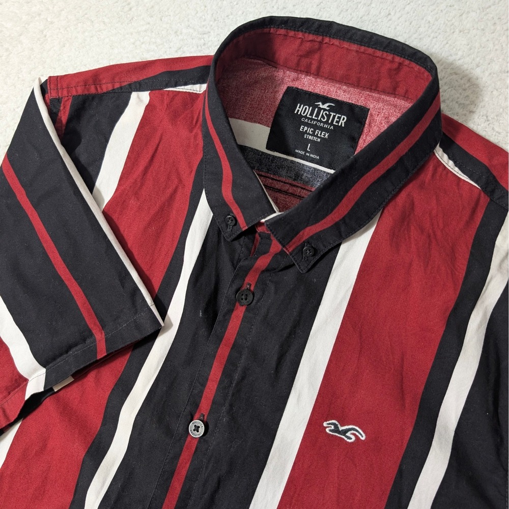 Hollister Button Down Mens L Red Black White Striped‎ Epic Flex Stretch S/S
